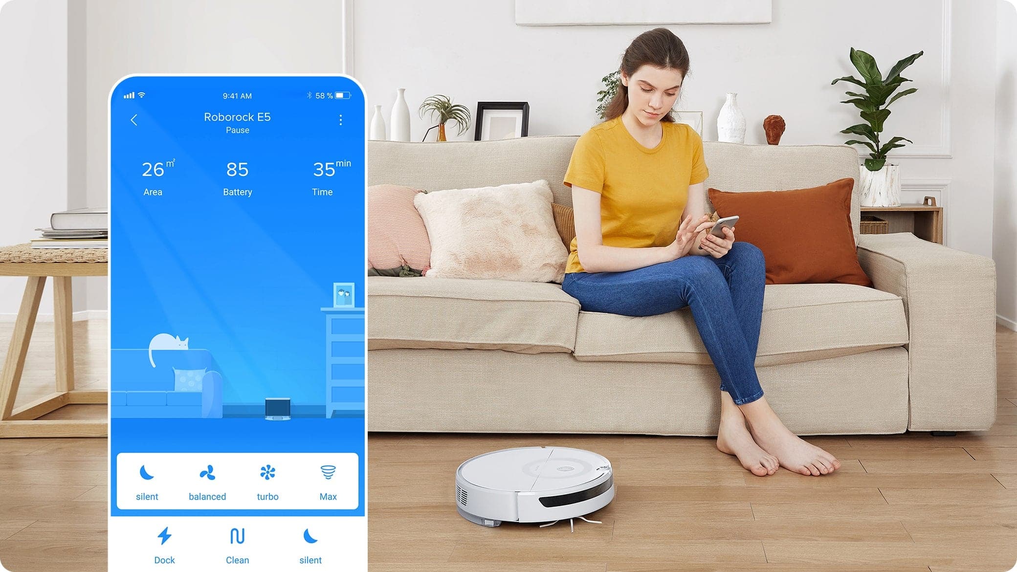 Roborock E5 roams smoothly over carpets Roborock E5 roams smoothly over carpets